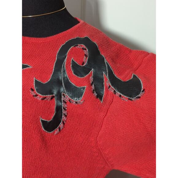 VTG Work In Progress Hong Kong Red Sweater Beaded Leather Heart 80s M - Picture 4 of 13